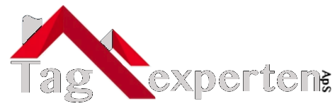 Tagxperten logo med hvid tekst og røde hustage på sort baggrund.